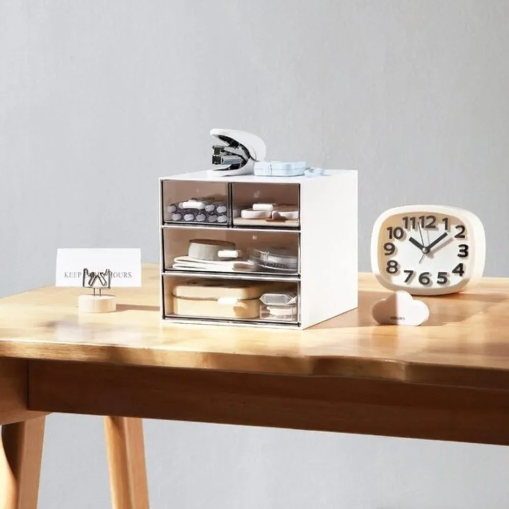 New White Makeup Organizer, Desk Storage Box with 4 Drawers for Vanity & Home